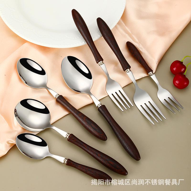 304 Stainless Steel Western Tableware Knife Fork Spoon Dessert Fork Spoon Solid Wood Handle Fork Spoon Steak Knife Restaurant