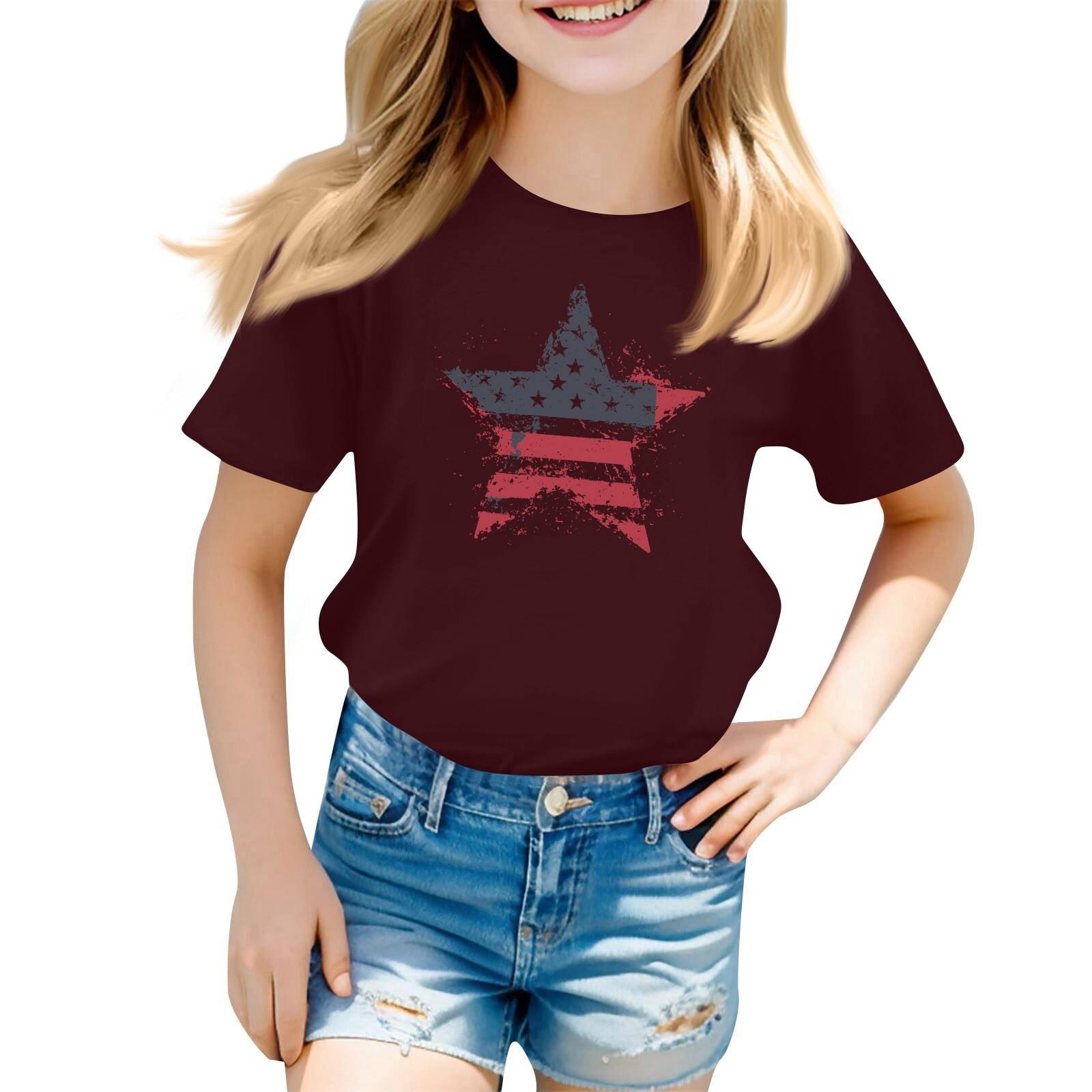 

Children s Printed Short Sleeved Round Neck Casual Comfortable Loose Lightweight Top 120 винний