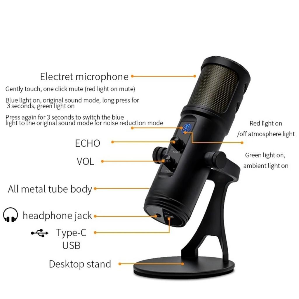 ZX-776 Professional Streaming Microphone with Touch Panel RGB Atmosphere Light for Live Gaming Streaming Podcast Recording