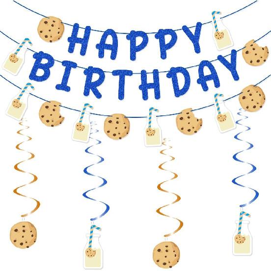 Milk and Cookies Happy Birthday Banner Garland Hanging Swirls for Milk and Cookies Birthday Party Decorations