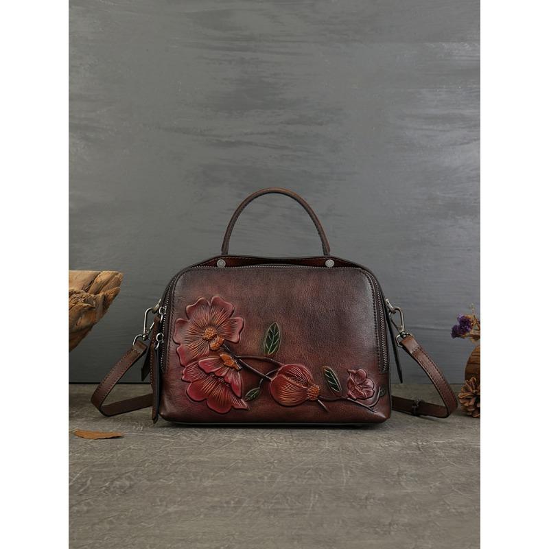 First Layer Cowhide Retro Pillow Bag Artistic Style Embossedhandbags Large Capacity with Boston Women's Bag