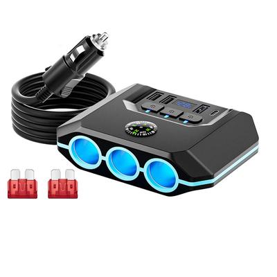 Autozásuvka 12V Rozbočovač 120W 12/24V 3 Zásuvky Autozásuvky Rozbočovač Se 4 Nabíječkami LED Displej Napětí Vypínače Zap/Vyp Qc 3.0 Pd 30W Auto