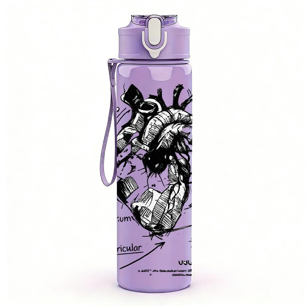 1PC Anatomical Heart Sketch Line Art Print 750ml Color Plastic Sports Water Bottle Leakproof Flip Straw Lid Suitable for Sports Office Home Use