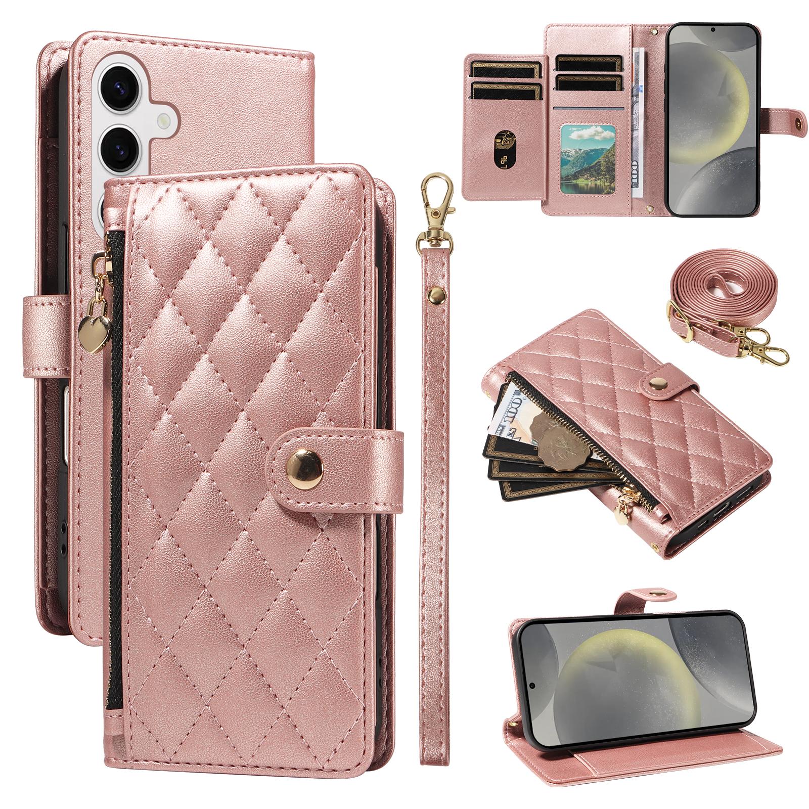 

Для Samsung Galaxy S24/Galaxy S25 Чехол-кошелек с ремешками, Ромбовидный кожаный чехол-подставка для телефона Rose Gold