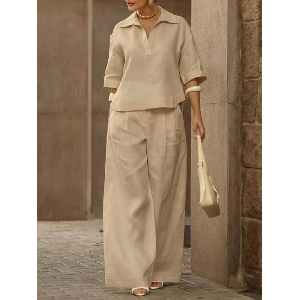 Women's Loose Two Piece Matching Suit Three Quarter Sleeve Polo Collar Blouse High Waist Wide Leg Pant Set