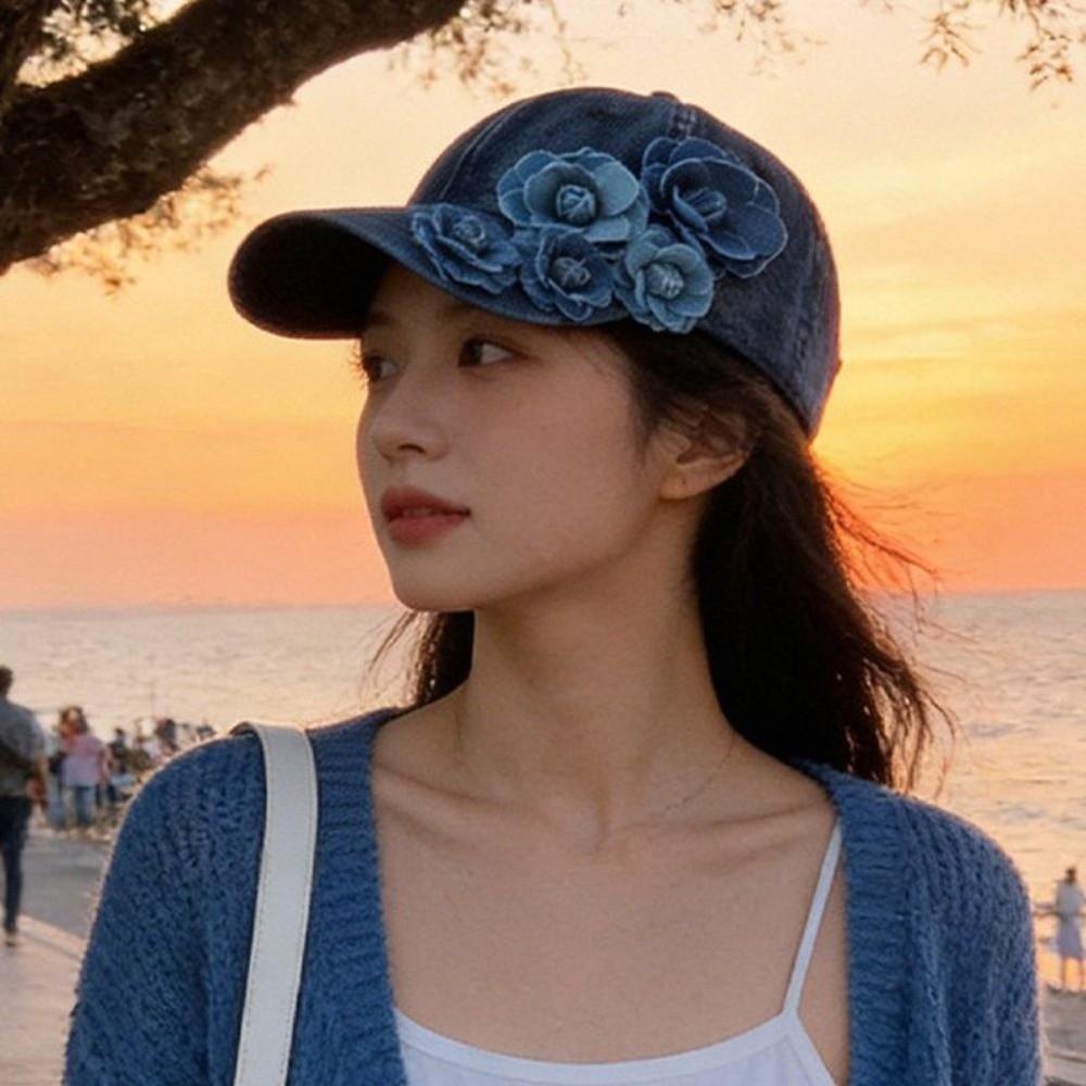 Solid Color Denim Baseball Cap 3D Floral Decor Floral Decor Hat Duckbill Cap Sun Protection