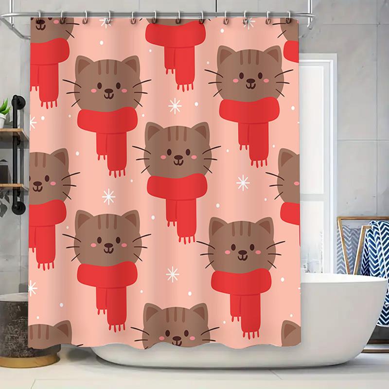 

Cute Winter Cat Print Shower Curtain Red Scarf Pet Pattern Bathroom Decor Waterproof Fabric Pink Background (180X240Cm) W60H190(CM)-1 Pcs