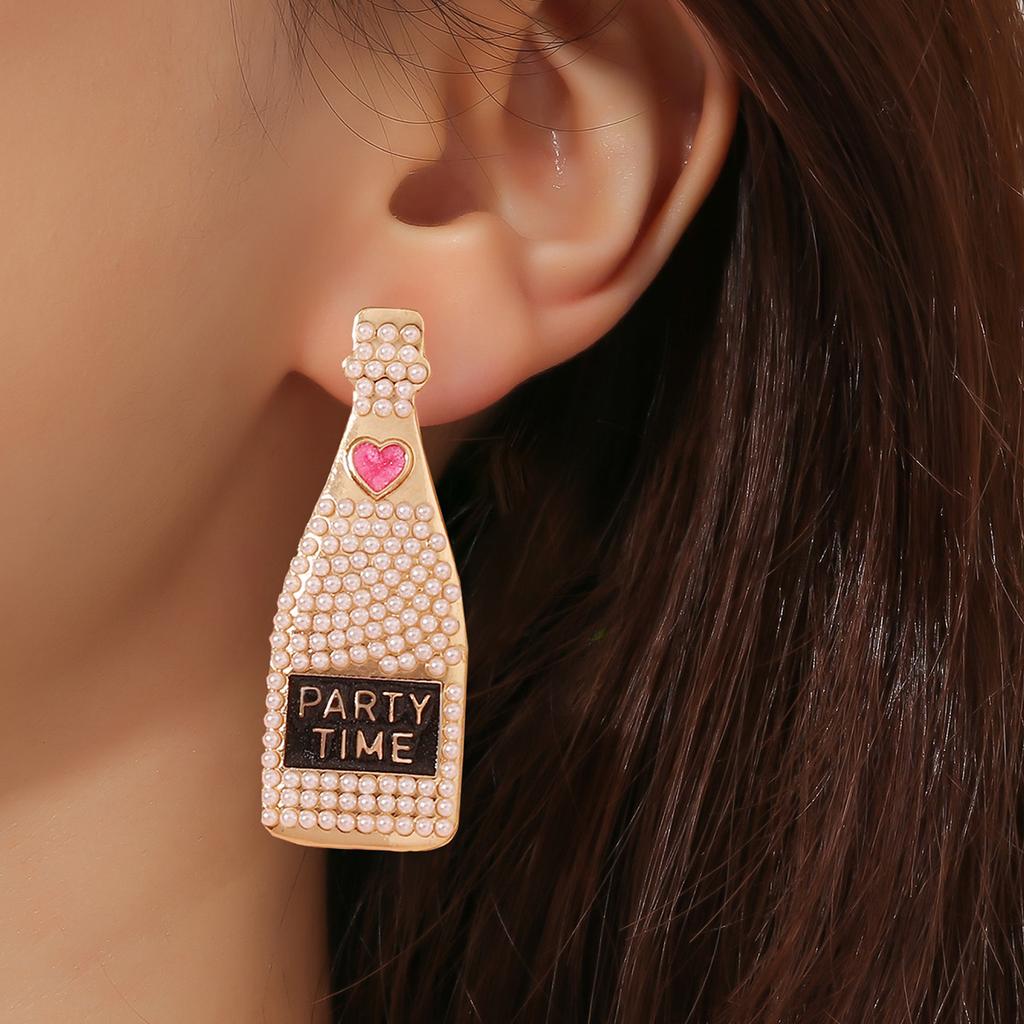 European and American New Fashion Personalized Small Fragrant Wind Geometric Wine Bottle Alloy Dripping Oil Love Diamond Pearl Earrings