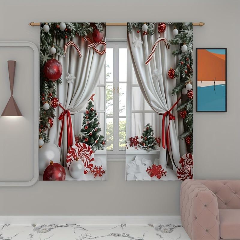 

2 шт./комплект праздничных красных рождественских шаров и зеленых листьев с белым снежным узором, шторы - идеально подходят для гостиной, спальни, кухни W60H60(CM)x2PCS&Grommet Top