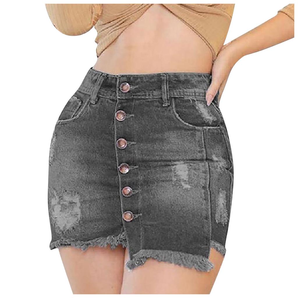 Women's Casual Temperament Buttons Open Hip Half Pocket Skirt Denim Short Skirt