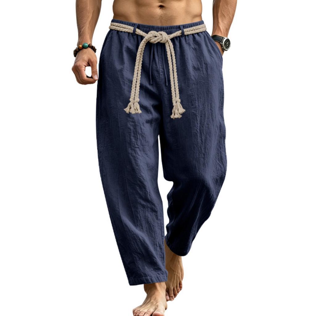 Men's Linen Drawstring Pants Lightweight Breathable Straight Leg Trousers Casual Summer Vacation Commuting Pants