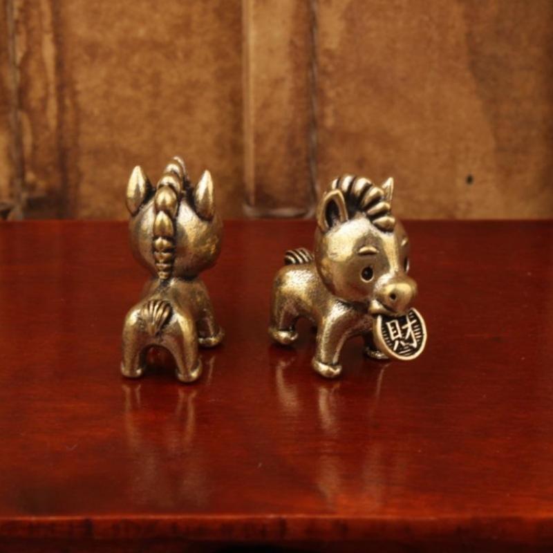 Brass Horse Statue Ornament Chinese Zodiac Horse Figurine Cute Horse Bit Coin Feng Shui Mini Home Desktop Decoration Crafts