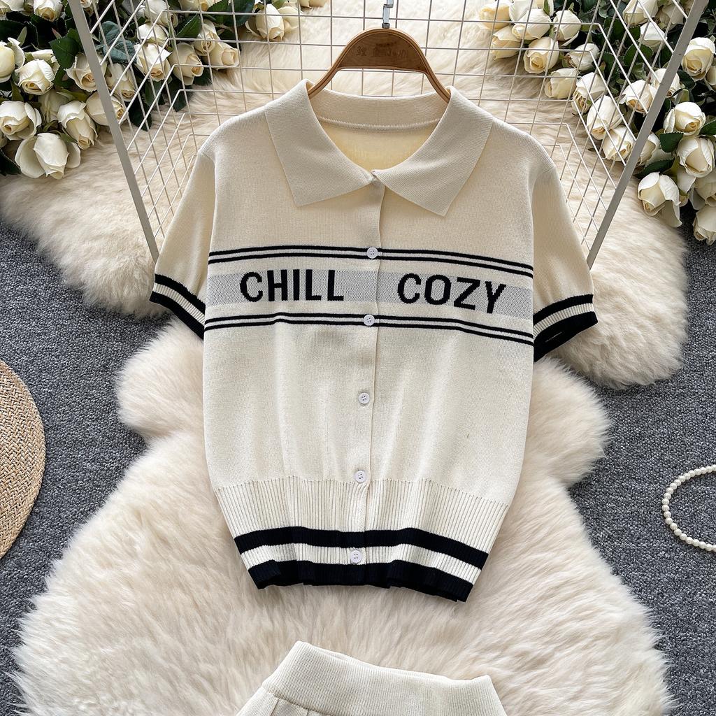 Summer Women Knitted Sweater College Letter Two Piece Set Fashion Girl Single Breasted Cardigan Top and Mini Pleated Skirt Suit