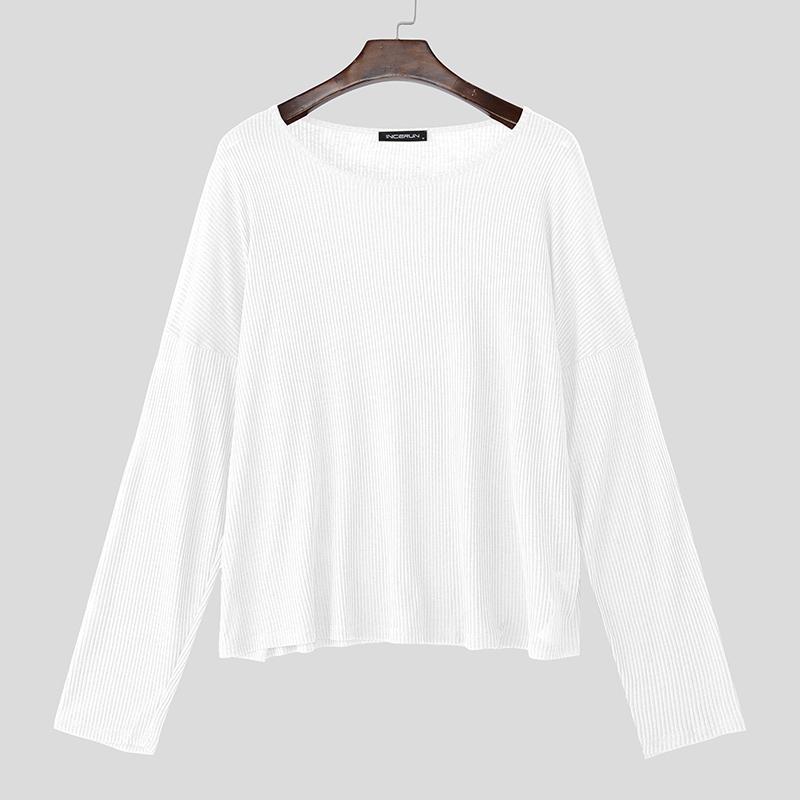 INCERUN Men Scoop Neck Long Sleeve Texture Flimsy Rib Casual Loose T-shirts Tops Undershirts