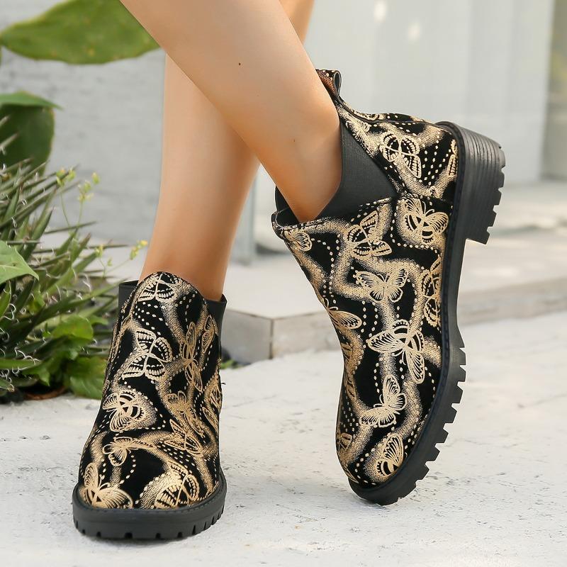 Large Size Short Boots Women's Autumn and Winter New Fashion Butterfly Print Round Head Short Sleeve Foot and Ankle Martin Boots