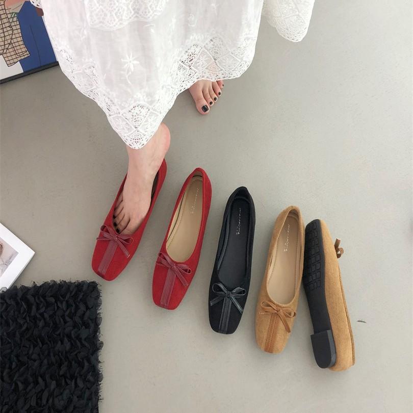 2025 Square Head Shallow Mouth Single Shoes Women's Autumn New Korean Version Bow Gentle Retro Grandma Shoes Soft Flat Beanie Shoes