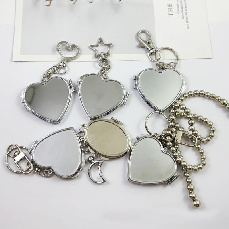 Flip Folding Mirror Keychain Travel Pocket Mirror Key Ring Metal Elliptical Heart-Shaped Mirror Anti-Lost Phone Camera Pendant