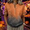 Women's Short Sleeve Henley Shirt Cotton Linen Blend Casual Buttoned Neck Top with Halloween Inspired Pattern and Relaxed Fit