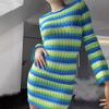 European and American Foreign Trade New Versitile Women Clothes Contrast Color Stripe Sexy Hollow Lace-up Backless Knitted Sheath Dress