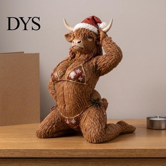 Small Xmas Desk Statue Funny Christmas Highland Cow Figurine, Sexy with Santa Hat Festive Desktop Decorations & Bikini, Creative Tabletop Ornament for