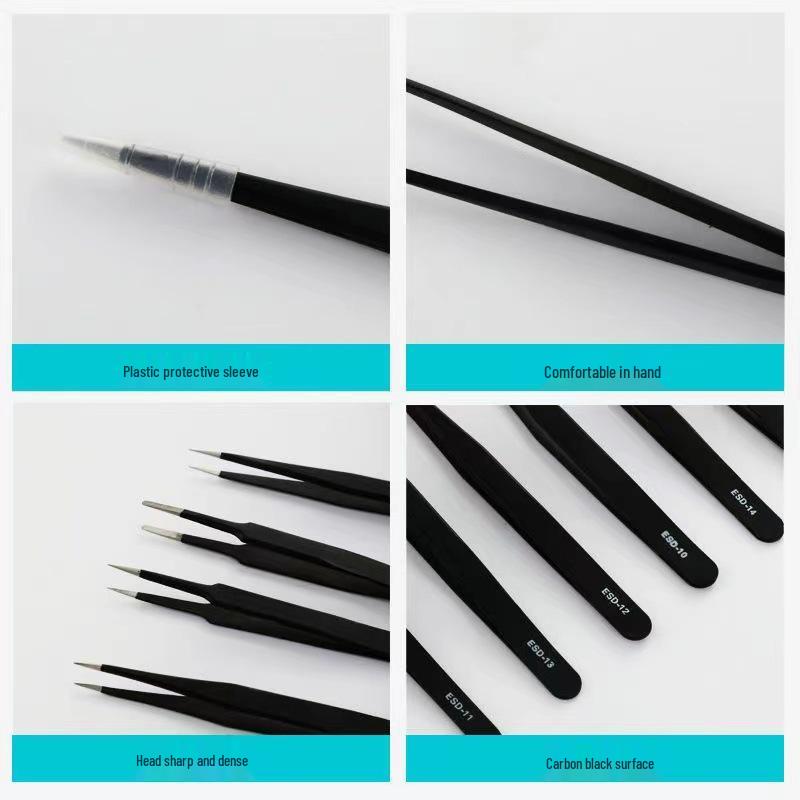 Black ESD Anti-Static Stainless Steel Tweezers Set with Bent Tip for Industrial Repair