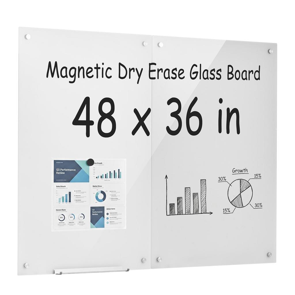 VEVOR Glass Dry Erase Board 2 Pack 900 x 600 mm White Magnetic Whiteboard, Wall-Mounted, Frameless, Thick Tempered Glass, with Markers