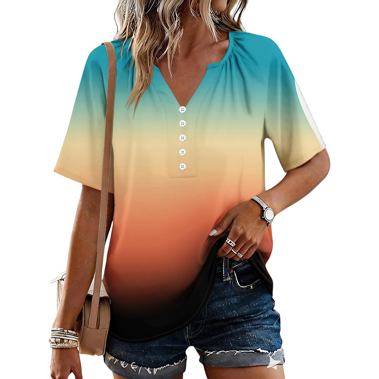 Women s Fashionable Casual Floral Print Button V-neck Short-sleeved Top M синий