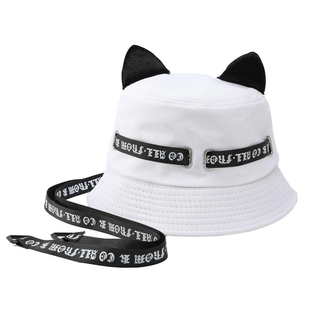 Cat ears white bucket hat men and women summer streamer letter washbasin hat plain sun hat