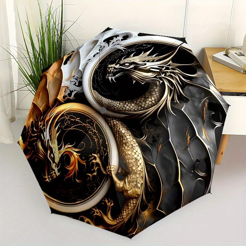 

Golden & Silver Dragon Yin Yang Symbol Wall Art Print Umbrella, Cute Umbrella with Cute Design, Portable 3-Fold Compact Umbrella for Men & Women, Vale