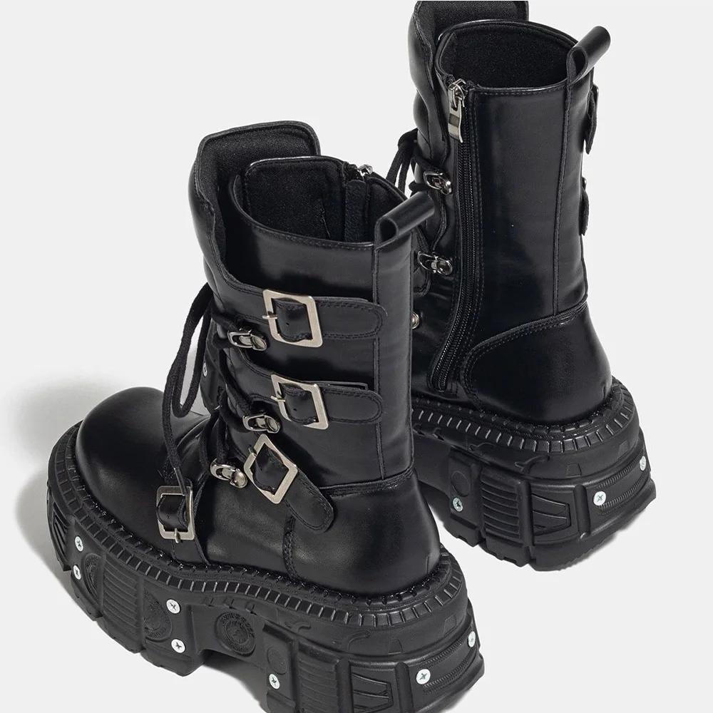 Punk Style Women Shoes Lace-up Platform Shoes Woman Rock Boots Metal Decor Thick Bottom Street Shot Knight