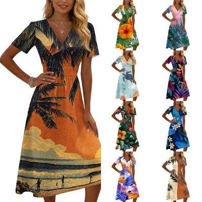 Women's Casual Fashion Hawaiian Print Short-Sleeve V-Neck Dress