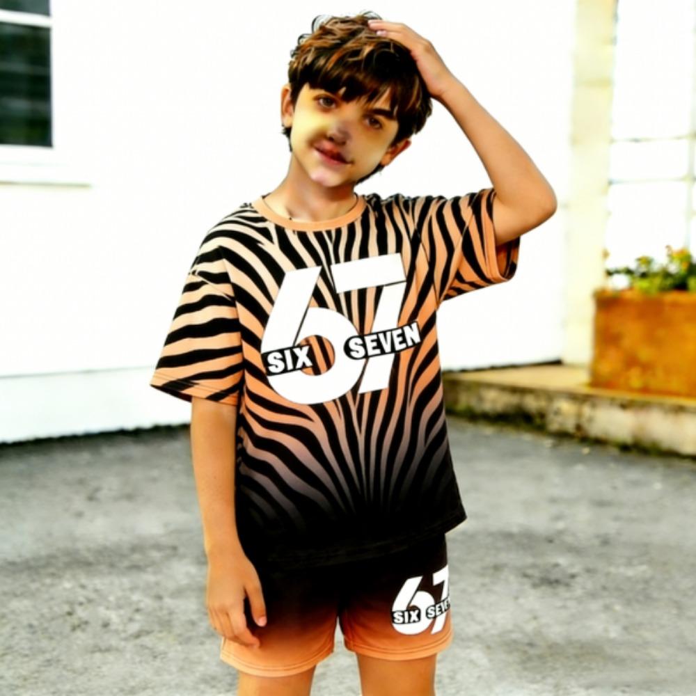 Zebra Gradient Color 67 Printed Kids T-shirt and Shorts 2 Piece Set Summer Casual Outfit for Boy's and Girl's Kids Clothing Top