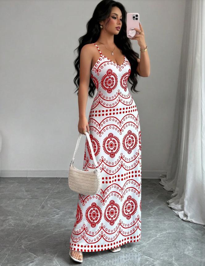 

2026 European & American Strappy Printed V-Neck Summer Slim Long Dress XXL