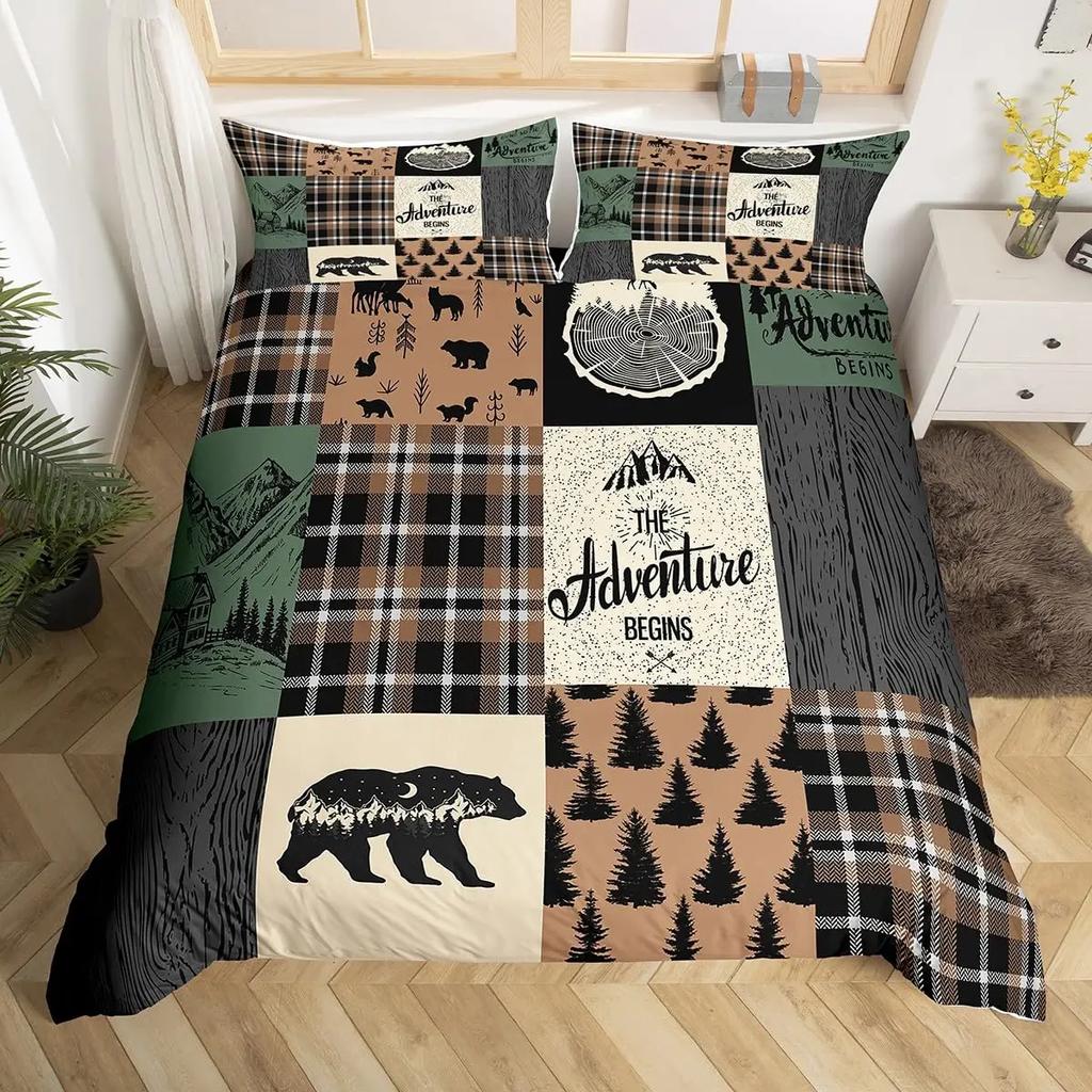Black Bear Deer Bedding Set Woodland Animals Elk Moose Wildlife Hunting Country Lodge Cabin Duvet Cover Set Queen Comfortable