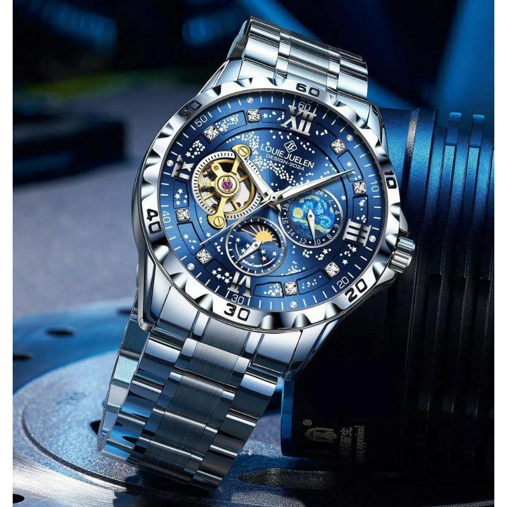Luxury Automatic Mechanical Men Watch Fashion Moon Phase Business Watches Hollow Tourbillon Stainless Steel Men Wristwatch