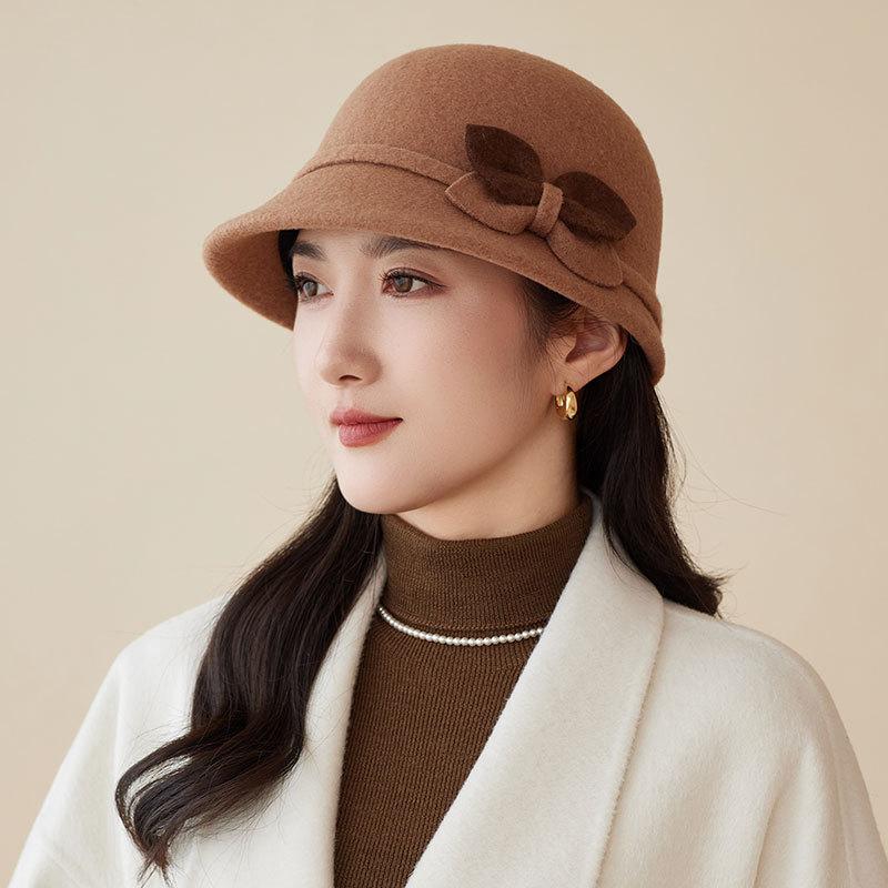 Autumn and Winter Basin Hat Retro Hepburn Style Bow Bucket Hat Ladies Elegant Woolen Fashion Basin Hat