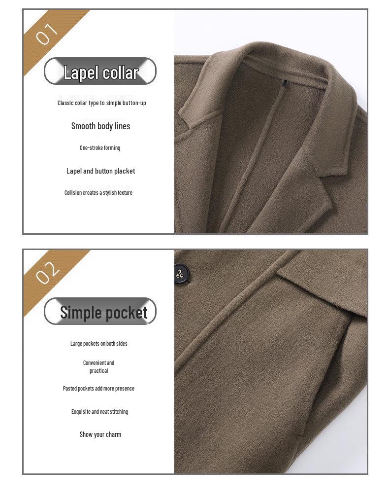 Men's Mid-Length Double-Sided Woolen Coat, Suit Collar, Korean Style, Casual Jacket for Autumn Winter.