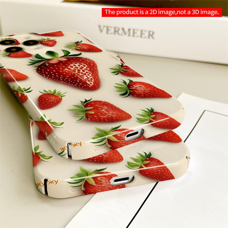 2DFlat Vibrant Strawberry Pattern Phone Case All Inclusive Film Hard iPhone Case, Compatible with iPhone 18 Pro Max 17 16 15 14 13 12 11