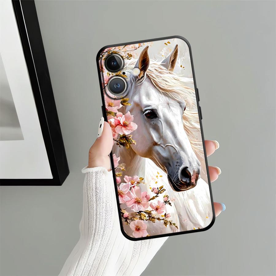 Animal Horse Pattern Black Soft Phone Cover Case for iPhone 15 16 14 Plus 7 8 13 12 11 17 Pro Max 17Air XR XS Max