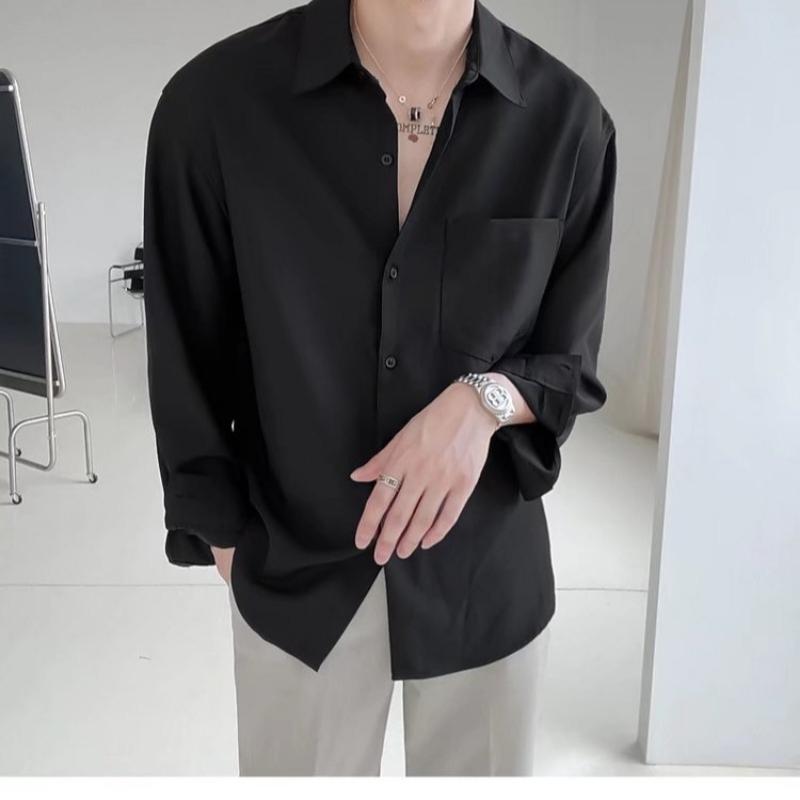 Men's Loose Long-sleeved Shirt, Wrinkle-free Solid Color Shirt.