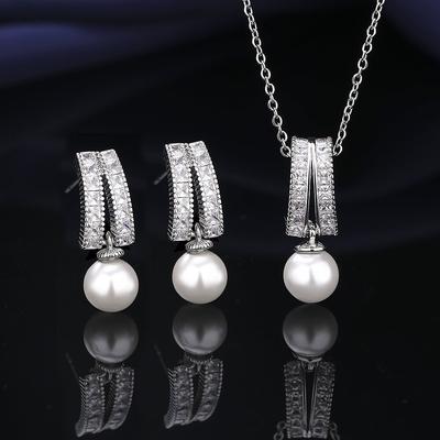 Schmuckset aus Sterlingsilber Quaste Imitation Perle Schlüsselbein-Halskette Eingerichteter Zirkon Damen-Halskette Ohrringe Eleganter Schmuck