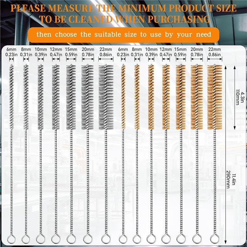 A58Z 14-Pieces Brass Wire Brush Stainless Steel Tube Brush Set 12" Round Wire Brushes Kit Bore Brush Metal Bristle Cleaning