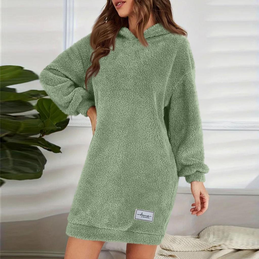 Abito da donna alla moda con cappuccio a maniche lunghe in peluche tinta unita felpa casual