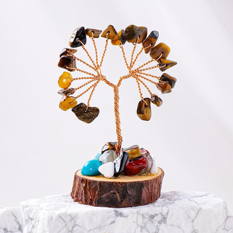 Natural Crystal Chips Tree Handmade With Copper Wire Wood Stump Base Money Tree Of Life Ornament Home Office Decor