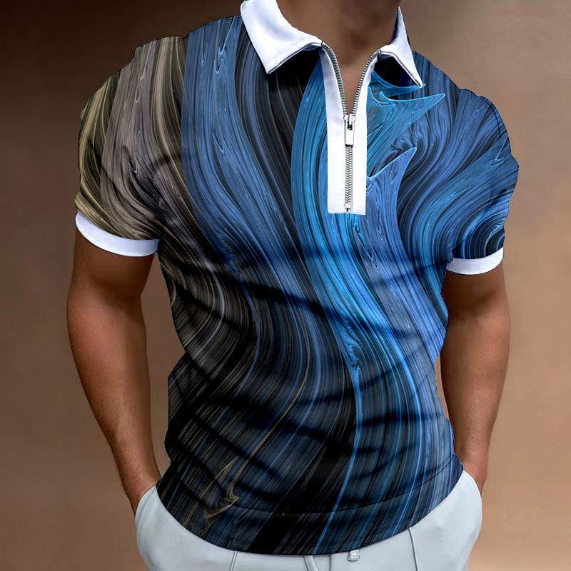 Trendy Abstract Graphic Zip Collar Short Sleeve Polo Shirt, Fashionable Casual Top