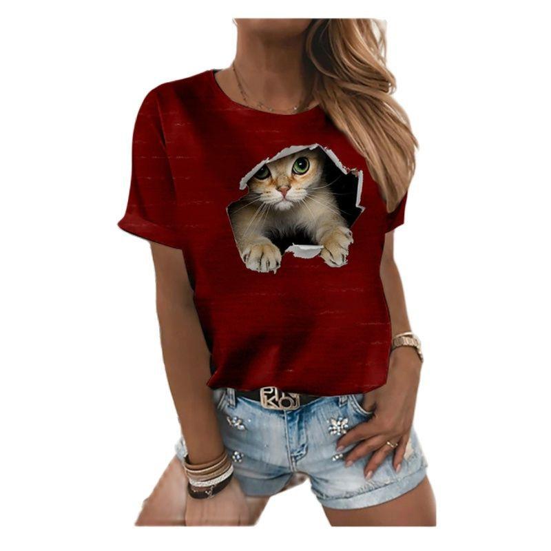 Summer Casual Digital Printed 3D Loose Round Neck Short Sleeved T-Shirts Women’s