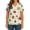 Women's Christmas Print V-Neck Double Pocket Short Sleeves Hem Slit Uniform And Caregiver Top