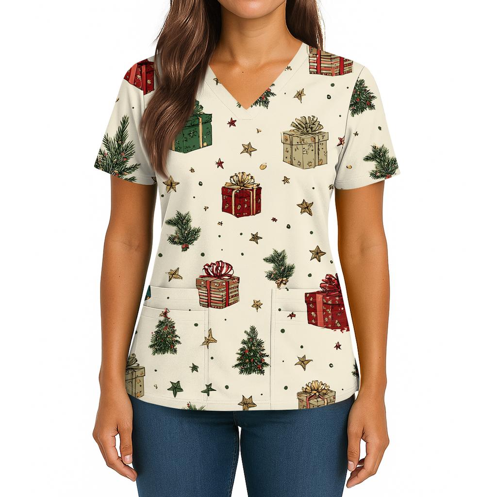 Women's Christmas Print V-Neck Double Pocket Short Sleeves Hem Slit Uniform And Caregiver Top