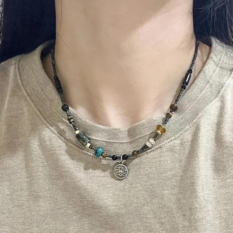 Natural stone "Little Lion Dance" necklace, handmade beaded Fu brand collarbone chain, niche light luxury accessories for women