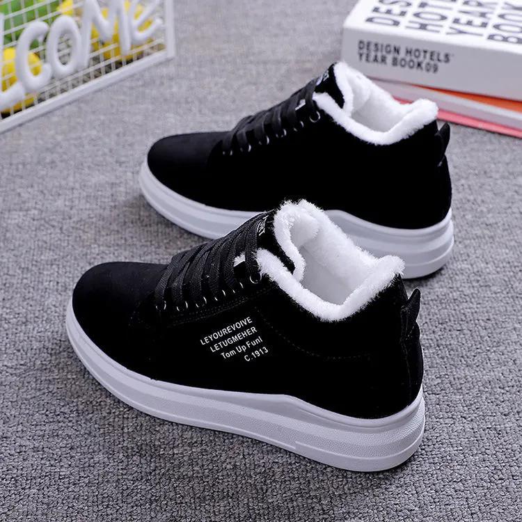 WTEMPO 2026 Winter New Velvet White Shoes Women's Korean Version Lace Up Casual Sports Cotton Shoes Leather Face Student Shoes Snow Boots